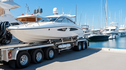 Fototapeta premium A sleek motorboat rests on a trailer at a bustling marina filled with various boats. The bright sun casts reflections on the water while masts of sailing vessels rise in the background
