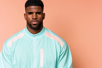 Obraz premium Confident Young Black Man in Pastel Green Tracksuit Against Peach Background
