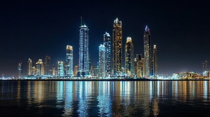 Fototapeta premium Stunning night skyline of dubai marina with illuminated skyscrapers reflecting on water