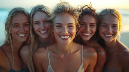 Fototapeta premium Five Smiling Women Pose Together On A Beach
