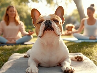 Embrace wellness with playful pets Join a dynamic park yoga class where owners and their furry friends find zen together, blending healthy lifestyle with outdoor fun Experience the joy of shared