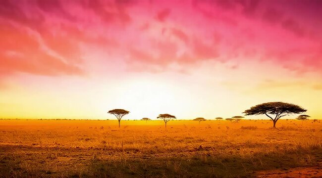 A breathtaking time-lapse of dawn in Africa. The silhouette of an acacia tree appears in the background.