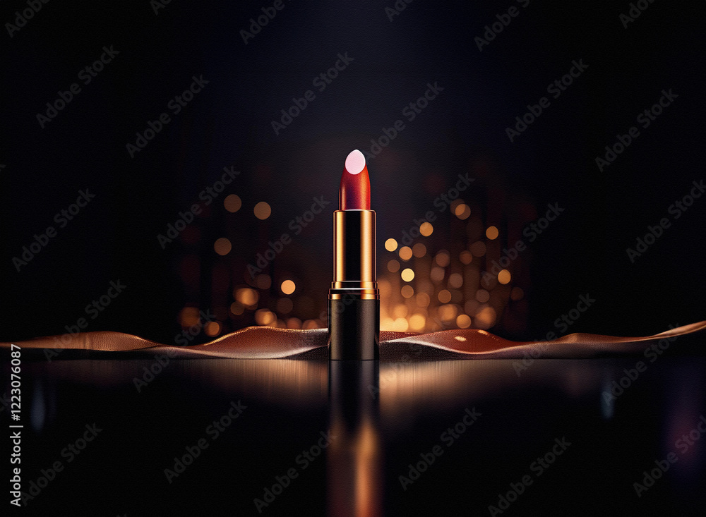 Poster a single tube of dark red lipstick stands on a reflective surface, illuminated by a soft golden boke