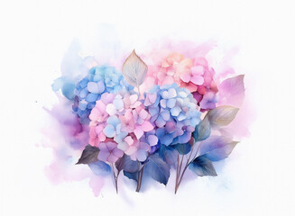 Obraz premium Soft watercolor painting of pink and blue hydrangeas, delicate leaves, and a gentle watercolor wash background. The image evokes serenity and springtime.