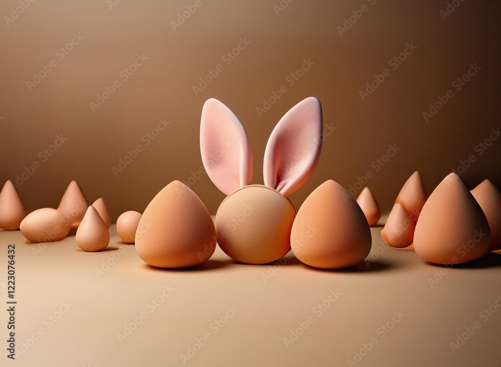 Leinwandbilder A 3D render of a cute bunny's ears atop a round object, surrounded by smaller, similar-shaped objects in a muted orange hue against a matching background.  The scene is minimalistic and subtly playful