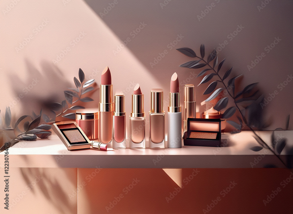 Poster sunlit shelf displays an array of makeup products in soft peach and rose gold tones, adorned with el