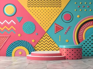 Trendy 80s-Inspired Display Podium Against a Colorful Geometric Background