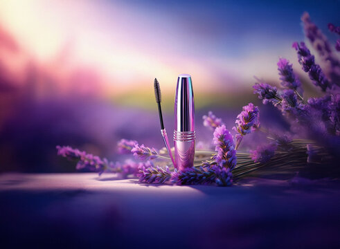 A pink mascara tube and wand rest amidst vibrant purple lavender blossoms at sunset.  The scene evokes serenity and natural beauty.