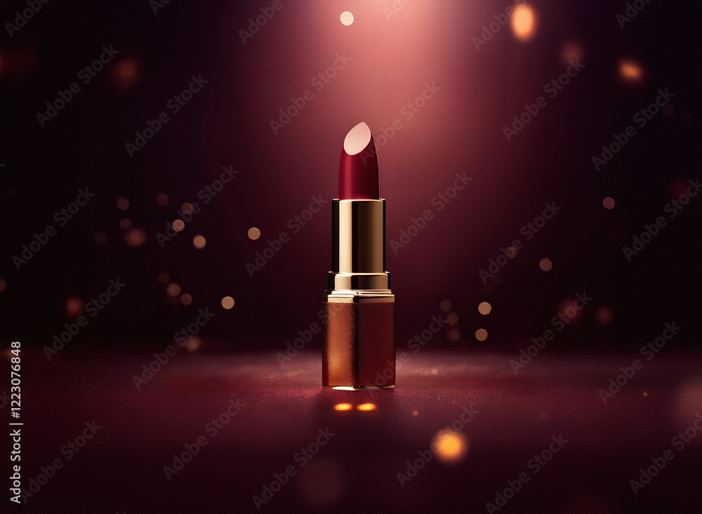 Poster a single tube of dark red lipstick stands on a dark surface, illuminated by a warm spotlight and sur
