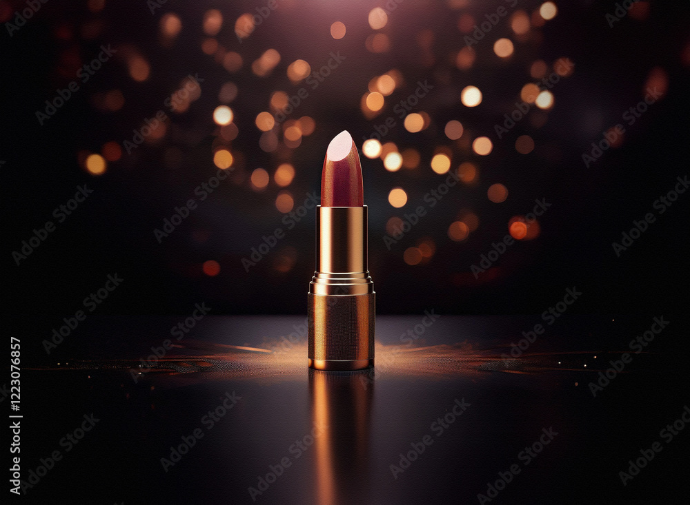 Poster a single lipstick with a gold tube stands on a reflective surface against a dark background speckled