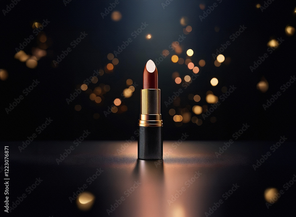 Poster a single tube of dark red lipstick stands illuminated on a reflective surface, surrounded by sparkli