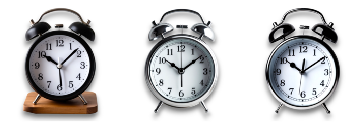Isolated alarm clocks on transparent background, showcasing vintage style