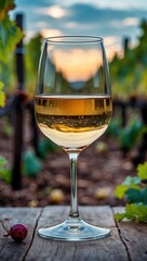 Golden wine glass in a lush vineyard at sunset, perfect for rustic events.