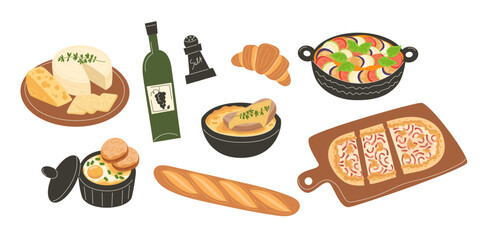 Traditional French Cuisine Set: Ratatouille, Tarte Flambee, Oeufs Cocotte with Tarragon, Onion Soup, Cheese Platter, Wine, Croissant, and Salt