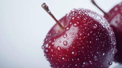 Close up of Fresh Wet Red Plum Fruits glistening with droplets on smooth surfaces