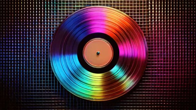 A rainbow-colored vinyl record resting on a reflective metal surface, shining with vibrant hues&mdash;concept of music, nostalgia, and creativity in branding for entertainment and retro-themed businesses

