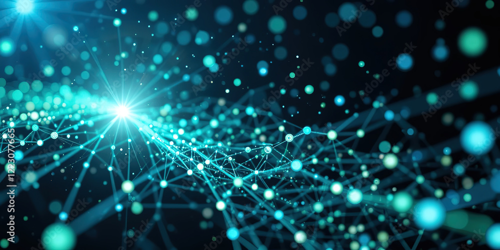 Poster abstract digital network background banner with glowing light and connecting data dots in blue and g