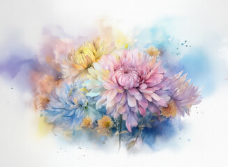 A watercolor painting of chrysanthemums in soft pastel hues, set against a dreamy, colorful background. The flowers are depicted with delicate detail, creating a serene and romantic atmosphere.