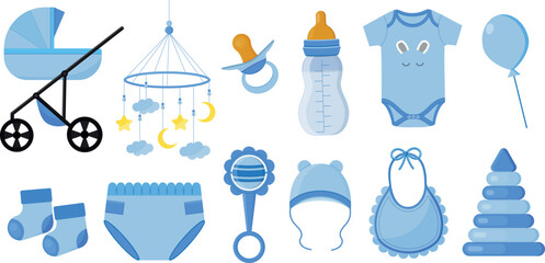 Set of isolated elements for a newborn baby boy.