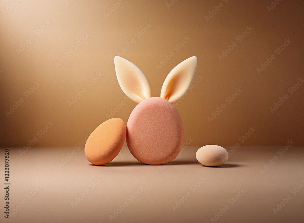Poster pastel-colored easter eggs and bunny ears create a minimalist, 3d rendered scene against a muted bro