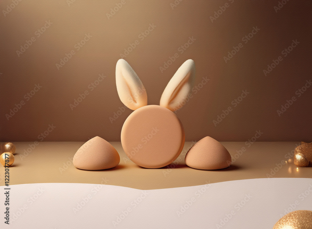 Poster a minimalist 3d rendering of a bunny-eared, peach-colored, circular object flanked by two smaller, s