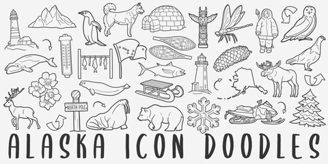 Alaska Travel Doodle Icons. Hand Drawn Made Line Art. Alaskan Theme Clipart Symbol Design.