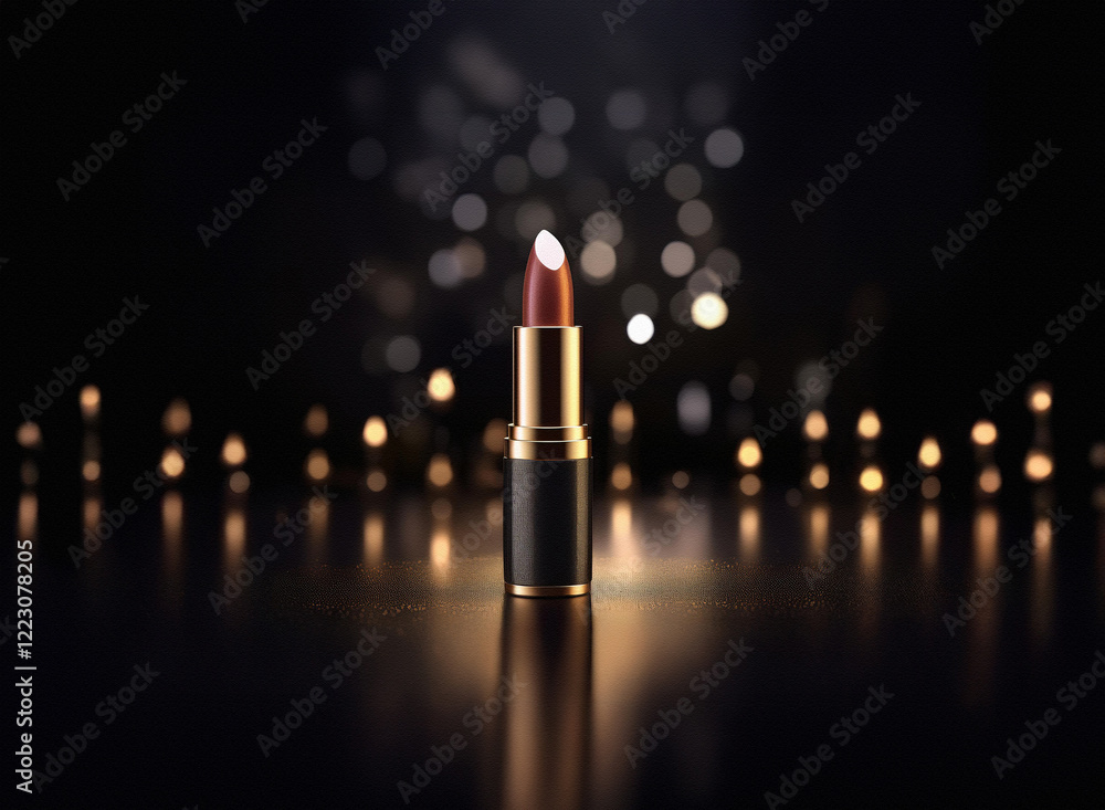 Aufkleber a single tube of dark red lipstick stands on a reflective surface, illuminated by a bokeh of warm li