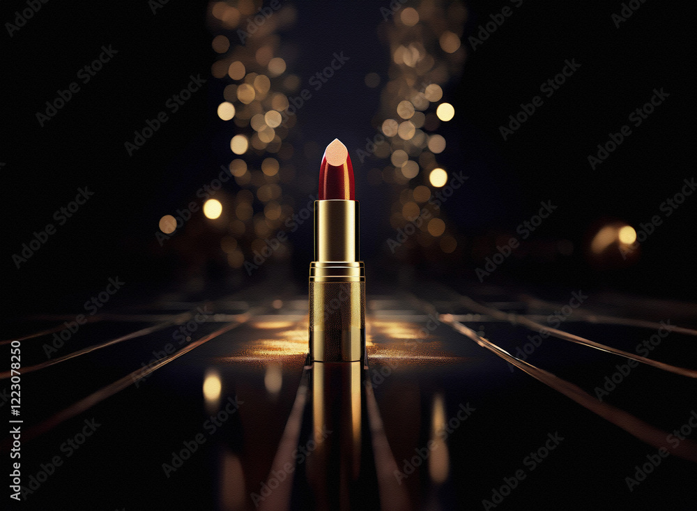 Aufkleber a single tube of dark red lipstick with a gold casing stands on a reflective surface, illuminated by