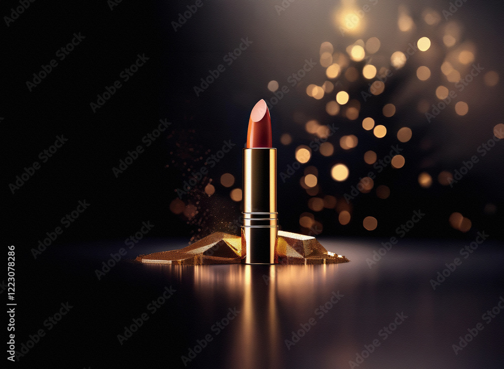 Poster a single tube of lipstick with a deep red hue rests on a dark, reflective surface. gold accents and 