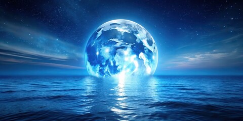 Large Blue Moon Over Ocean, night sky, soothing ambiance,  night sky, soothing ambiance