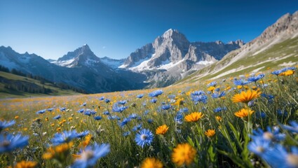 Fototapeta premium Vibrant Wildflower Meadow with Majestic Mountains