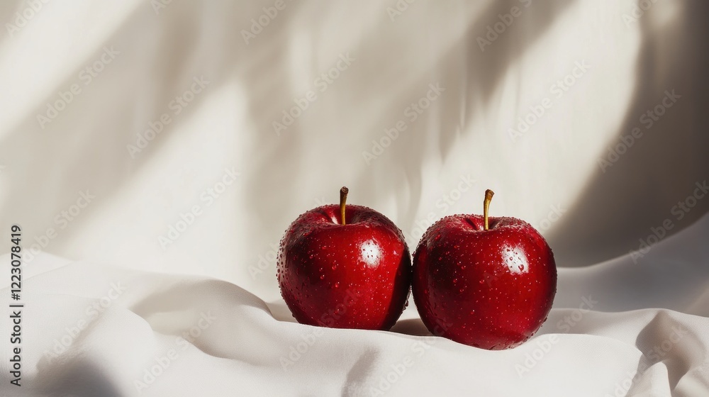 Poster two vibrant red apples on a soft white fabric surface create a still life image
