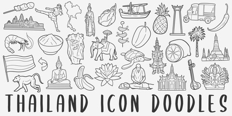 Thailand Doodle Icons. Hand Drawn Made Line Art. Thai Theme Clipart Symbol Design. © josepperianes