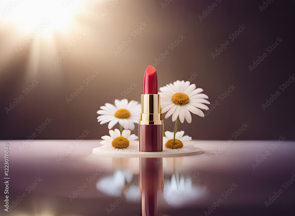 Poster red lipstick with gold accents rests on a small white platform surrounded by chamomile flowers. soft