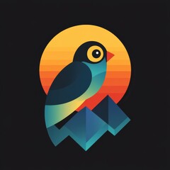 Obraz premium Colorful bird illustration with geometric shapes and vibrant orange and yellow tones on a dark background.