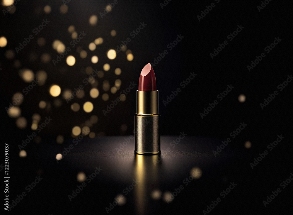 Poster a luxurious dark-red lipstick stands elegantly on a reflective black surface, subtly illuminated by 