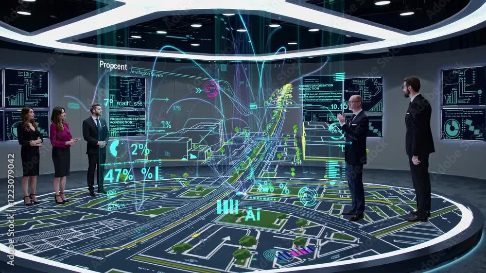 Fototapete advanced technology presentation showcasing interactive 3d data visualization in a corporate environ