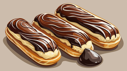 Photorealistic chocolate éclairs with glossy dark chocolate and white drizzle on a white table surface, featuring creamy custard filling and soft lighting.