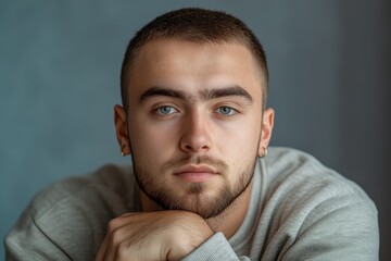 Fototapeta premium Pensive Young Man with Blue Eyes, Close-Up Portrait