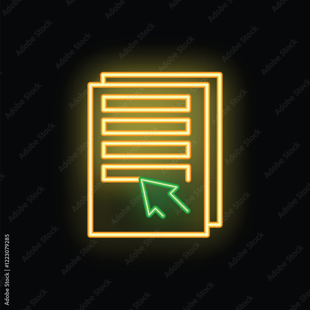 Poster neon icon of a computer mouse cursor clicking on digital documents, representing online document edi