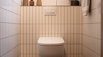 A modern bathroom featuring a minimalist design showcases a tiled wall that supports a spotless toilet.