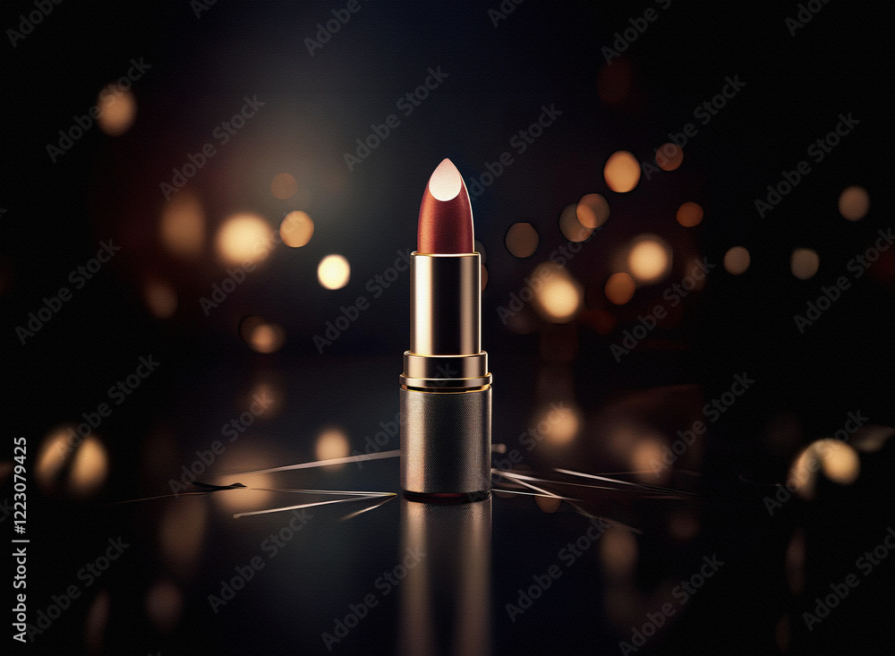 Poster a single lipstick stands on a reflective surface, illuminated by a warm, bokeh-filled background. th
