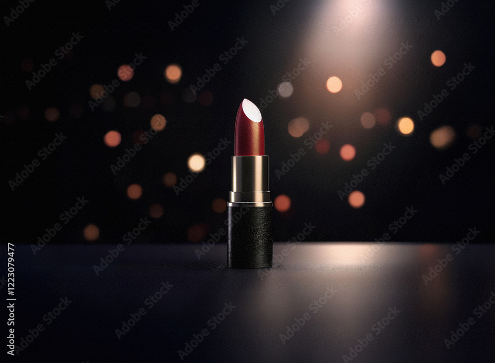 Poster a single tube of dark red lipstick sits on a reflective surface, illuminated by a spotlight against 