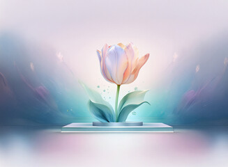 A pastel tulip blossoms on a glass platform, surrounded by a soft, ethereal glow and subtle, dreamy landscape.  Sparkling particles dance around it.