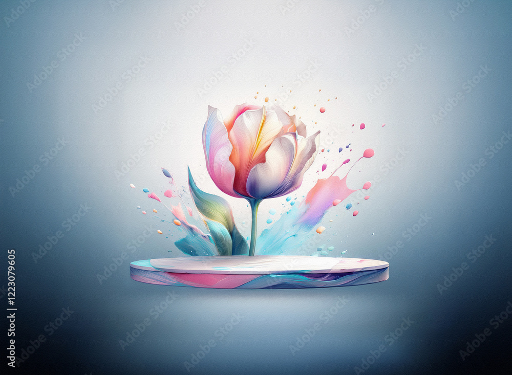 Poster a vibrant, stylized tulip blossoms from a colorful, abstract paint splash, displayed on a circular p
