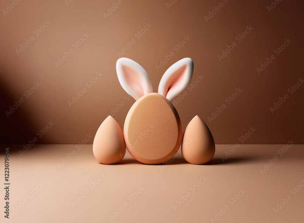 Poster a light peach egg with bunny ears sits between two smaller peach eggs against a muted brown backgrou