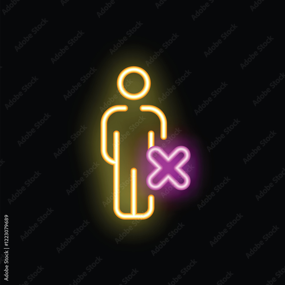Poster neon sign representing the concept of exclusion with a cross mark next to a person