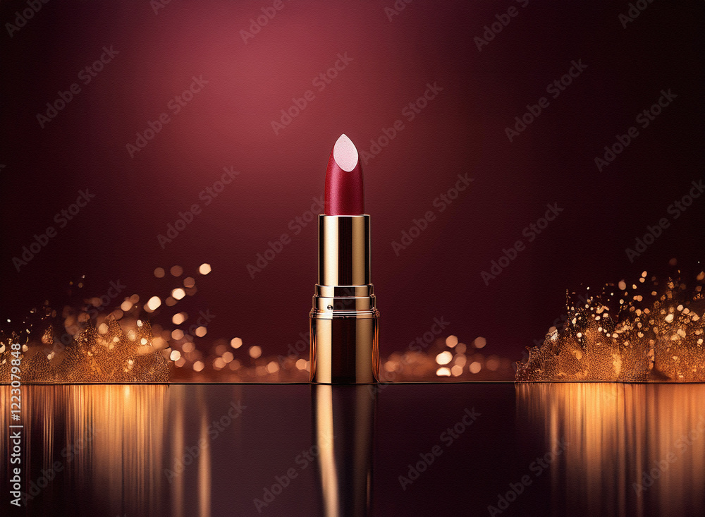 Poster a single tube of deep red lipstick with a golden casing stands on a reflective surface. gold sparkle