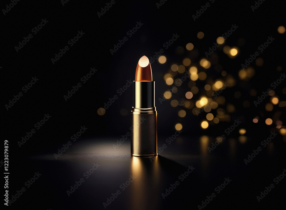 Poster a single tube of bronze lipstick stands elegantly against a dark background, subtly illuminated with