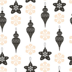 Fototapeta premium Seamless Christmas Pattern with Snowflakes and Tree Ornaments